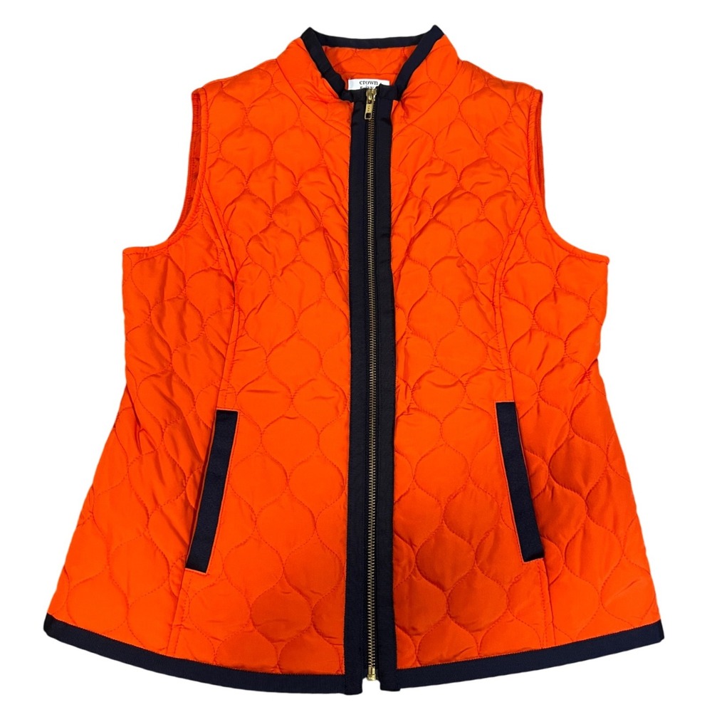 Crown & Ivy Petite Quilted Vest PM Orange Navy Trim Zip Front Fall